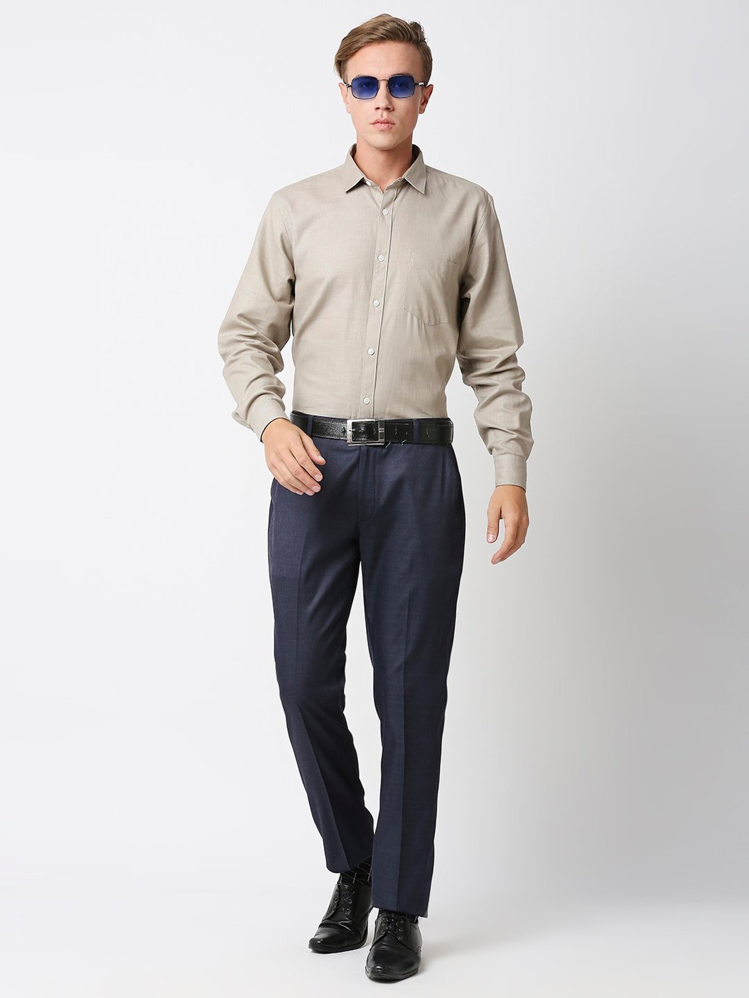 SOLEMIO Navy Regular Fit Flat Front Trousers