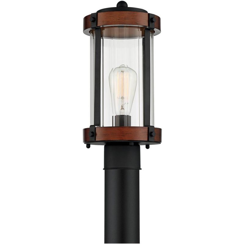 Franklin Iron Works Rustic Industrial Outdoor Post Light Fixture Black Dark Wood 13 3/4" Clear Glass Shade Exterior House Porch