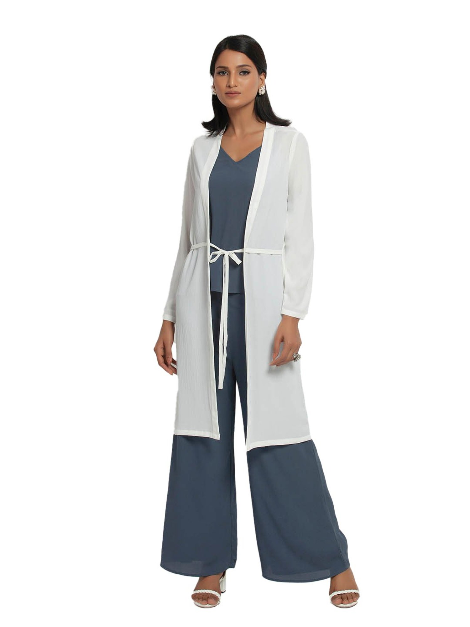 Office & You White Full Sleeves Jacket With Tie Knot