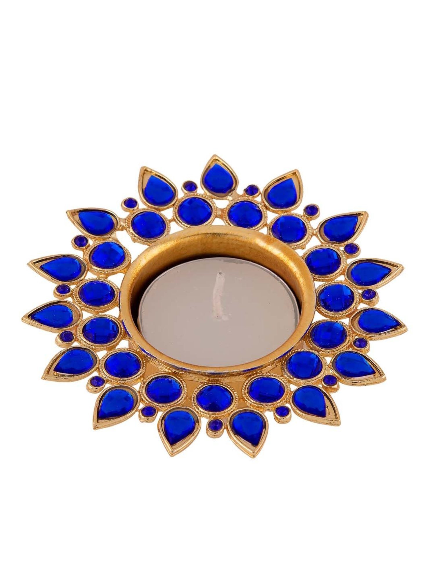 Homesake 'Christmas' Blue & Golden Metal Diya Holder With Tea Light - Set of 4