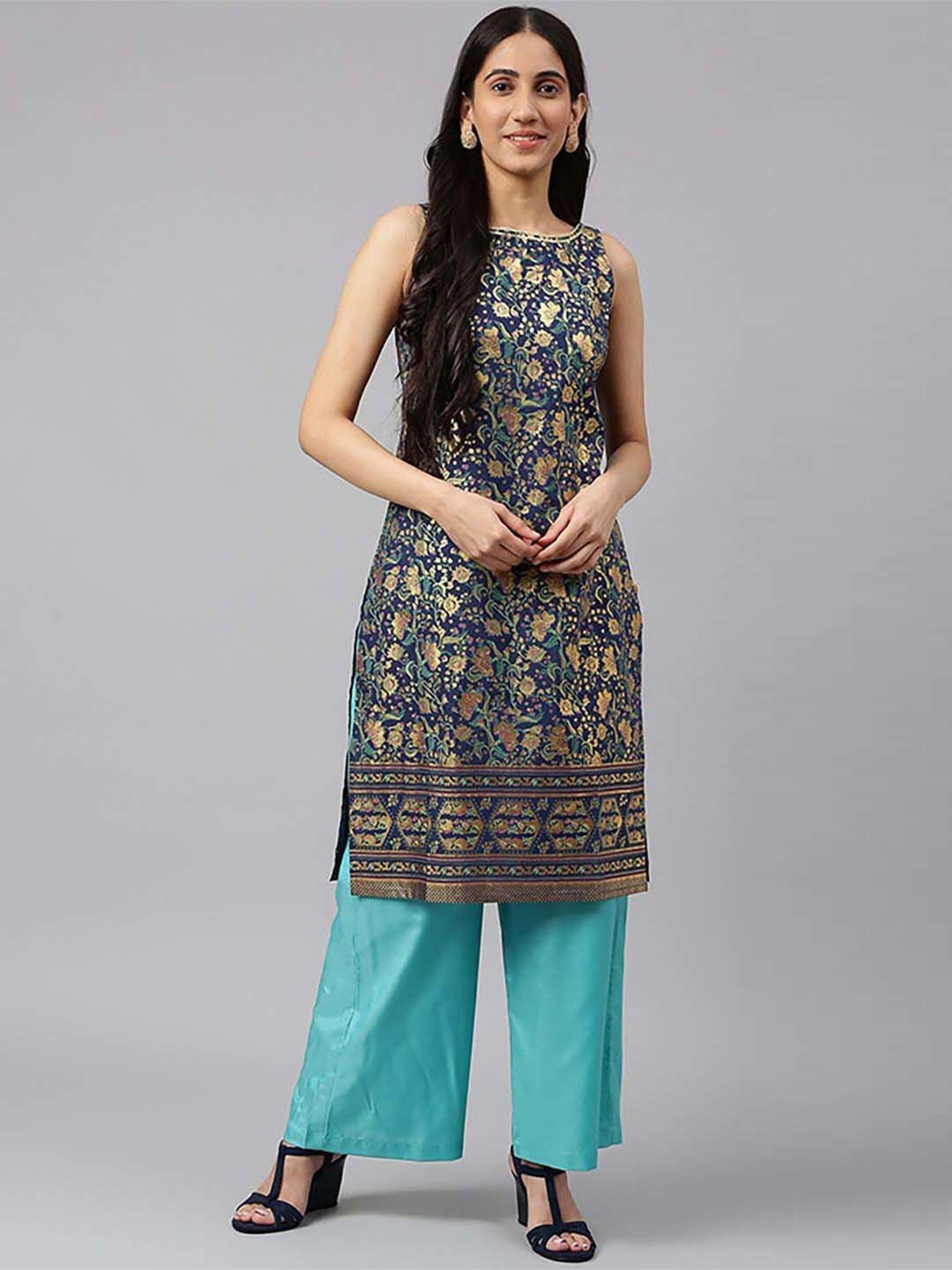 Aurelia Women Blue Floral Print Viscose Blend Kurta Set with Palazzos