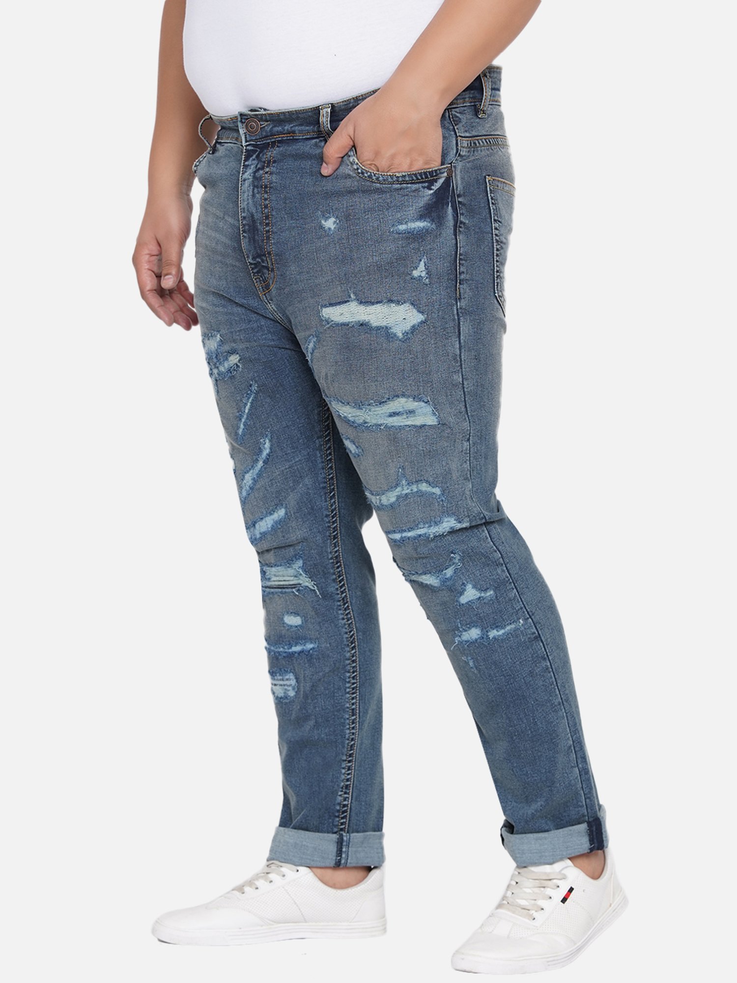John Pride Blue Cotton Plus Size Distressed Jeans