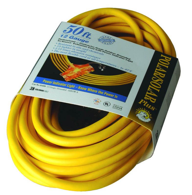 Coleman Cable Polar Solar 50 Ft. 12/3 Cold Weather 3-Outlet Extension Cord