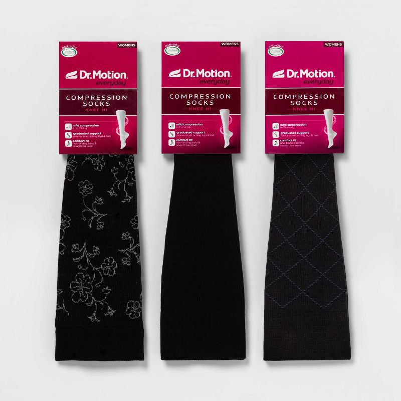 Dr. Motion Women's Mild Compression 3pk Knee High Socks - Black Patterns