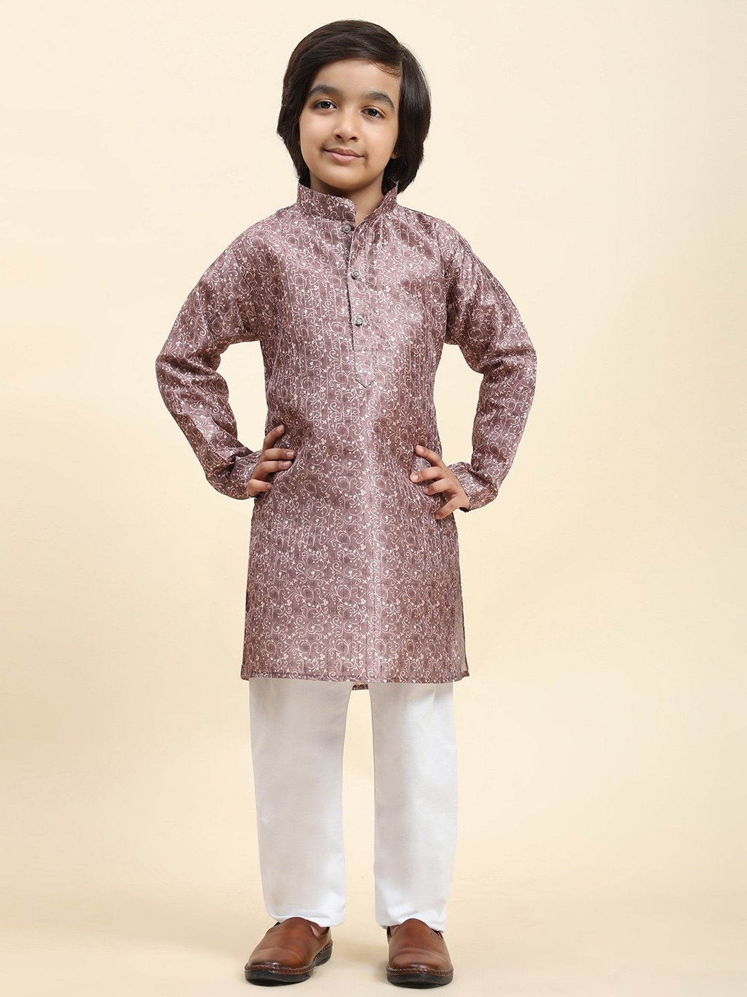 Pro-Ethic Style Developer Kids Pink & White Floral Print Full Sleeves Kurta with Pyjamas