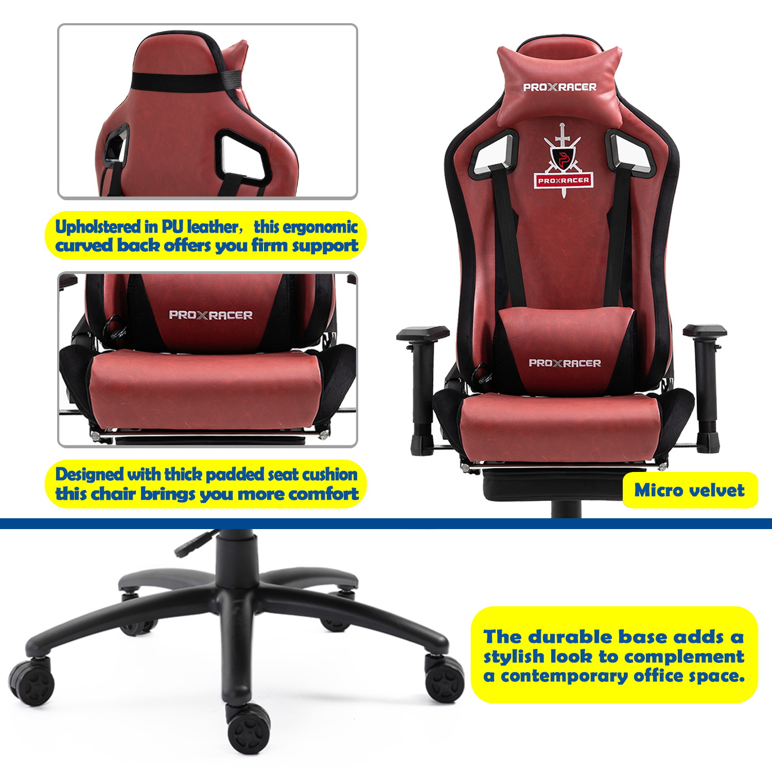 Walsport High-Back Racing Gaming Chair Office Chair Recliner Computer Chair Adjustable PU Leather Desk Chair with Massage Lumbar Support Footrest