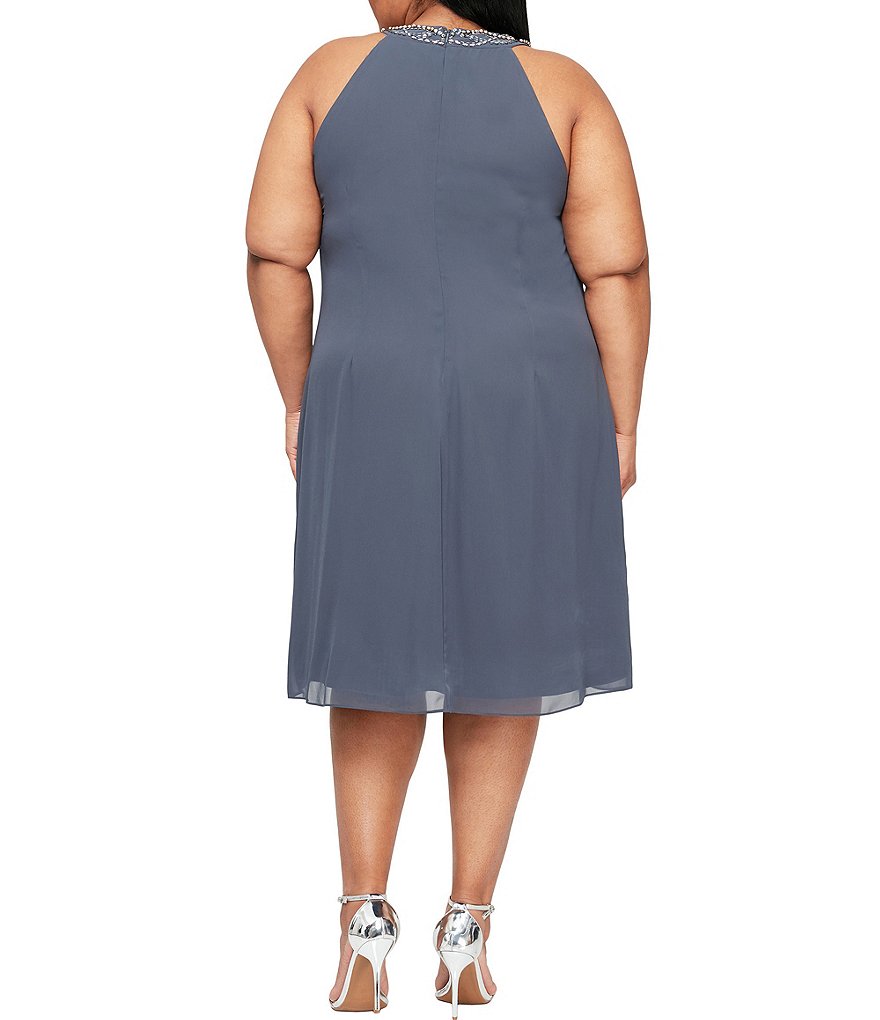 Ignite Evenings Plus Size Halter Neck Sleeveless Braid Bead Neck Chiffon Dress