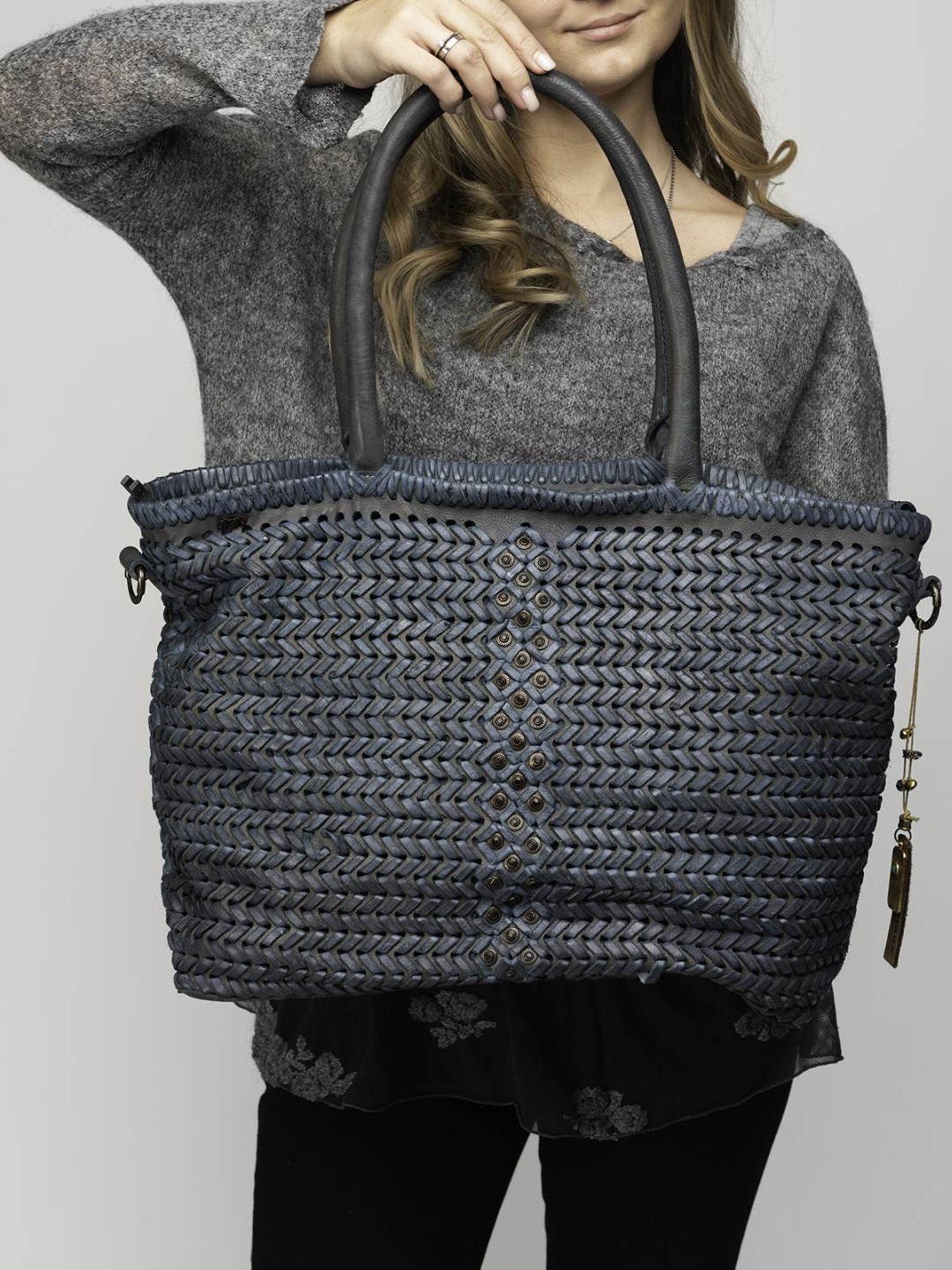 Art N Vintage Joelle Blue Leather Textured Large Tote Handbag