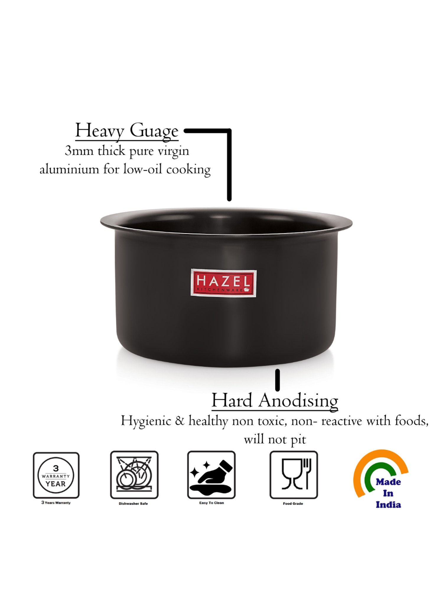 HAZEL Black Aluminium 21.8 cm Non-Toxic Boiling Tope (4.3 L)