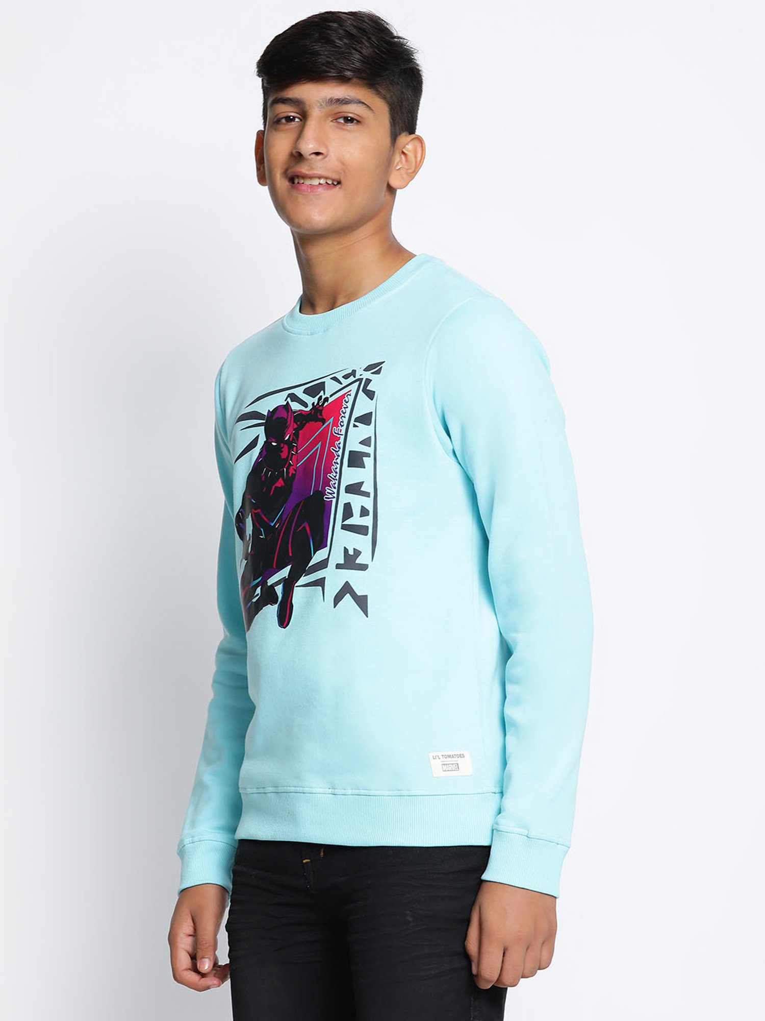 Lil Tomatoes Kids Sky Blue Black Panther Print Full Sleeves Sweatshirt