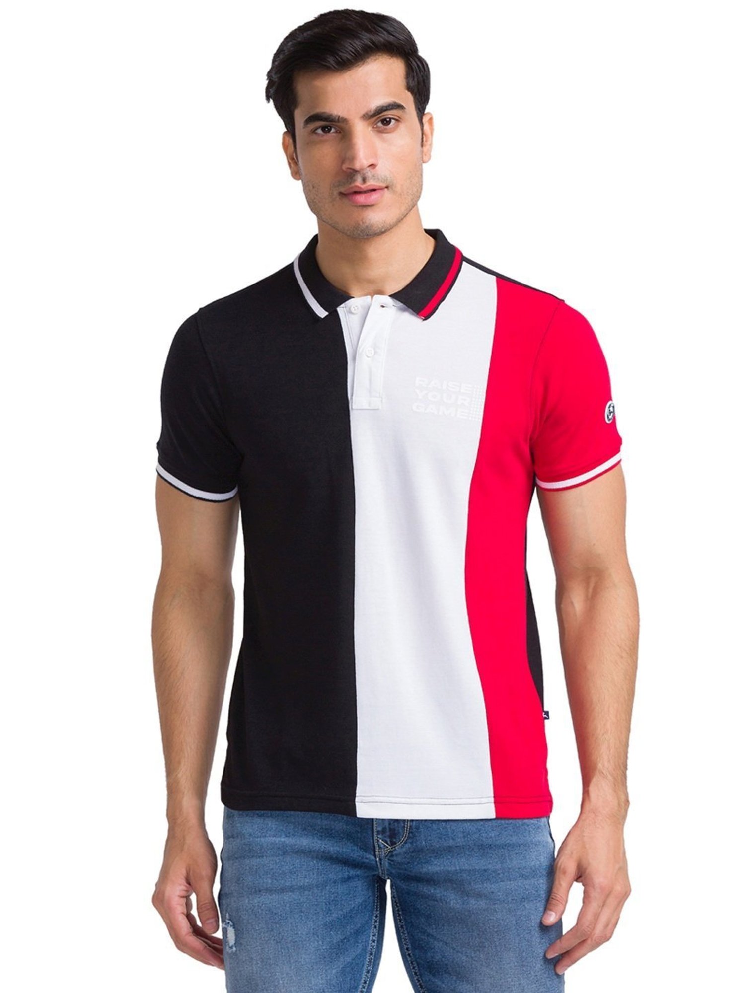 Parx Black & Red Cotton Regular Fit Colour- Block Polo T-Shirt