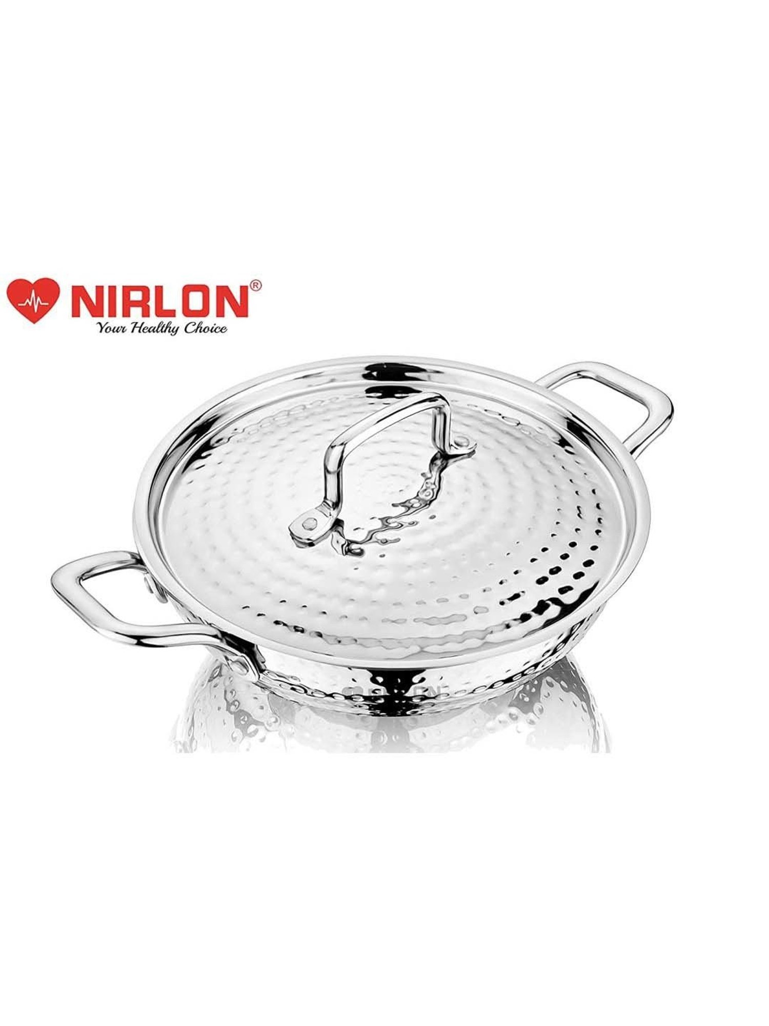 Nirlon Silver Stainless Steel 20 cm Induction & Gas Hammered Tri-Ply Deep Kadhai With Lid (1.5 L)