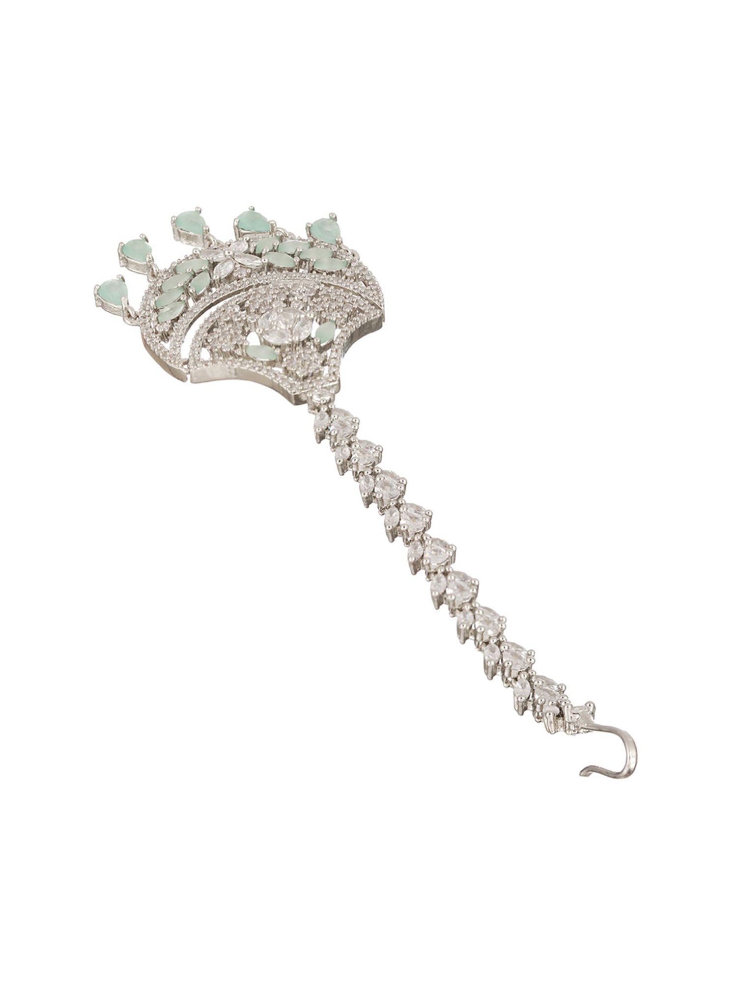Priyaasi Mint Green Floral American Diamond Silver-Plated Maangtikka