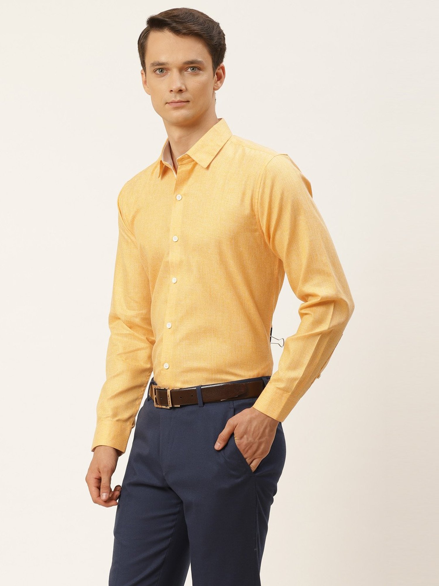 Sojanya Yellow Cotton Linen Regular Fit Self Pattern Shirt