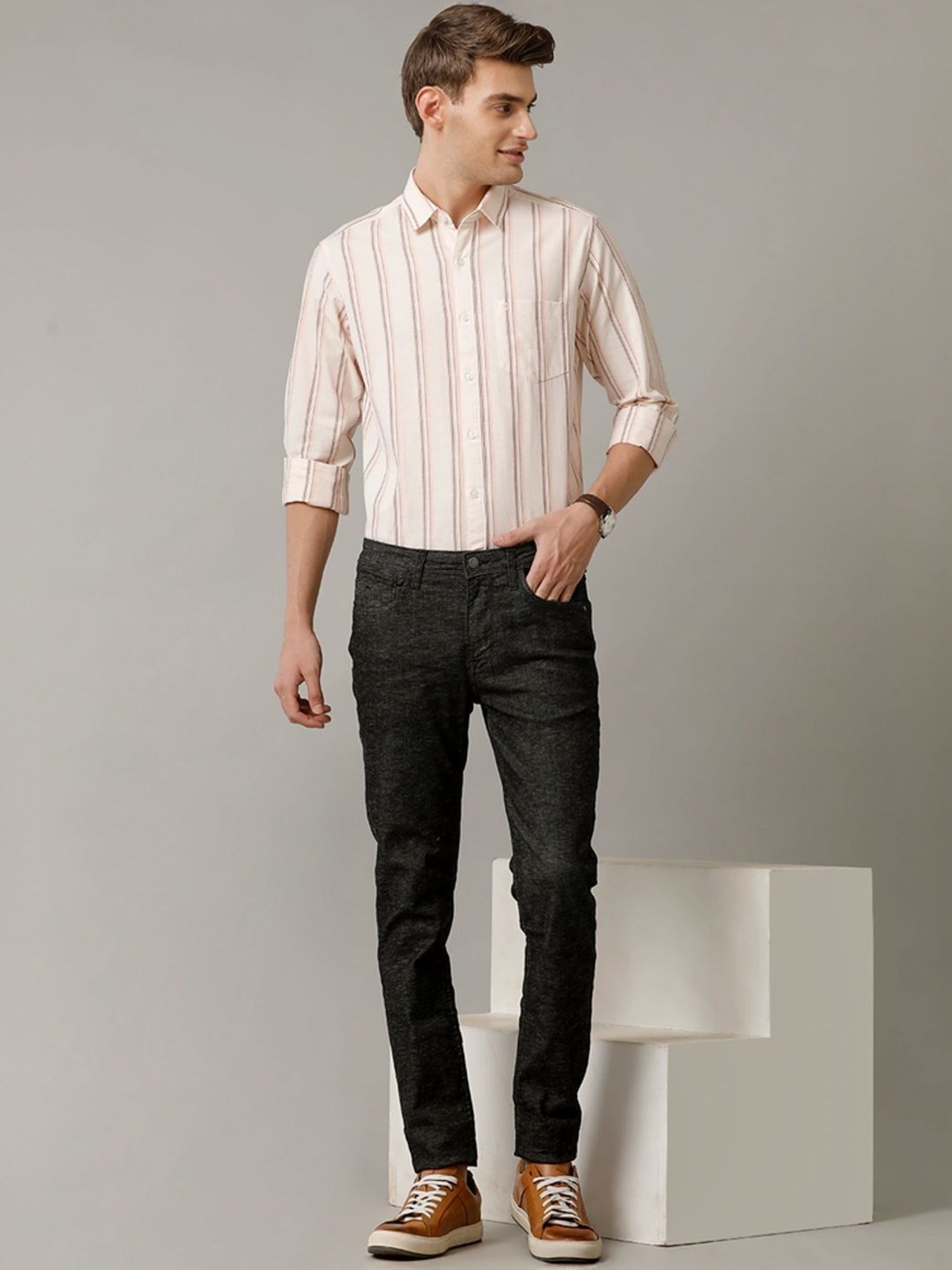 Cavallo By Linen Club Pink Linen Contemporary Fit Striped Shirt