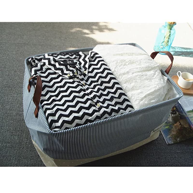17Inches Large Storage Basket Available 15 and 17 InchesWidth Drawstring Square Cotton Linen Collapsible Toy Basket Navy Blue L