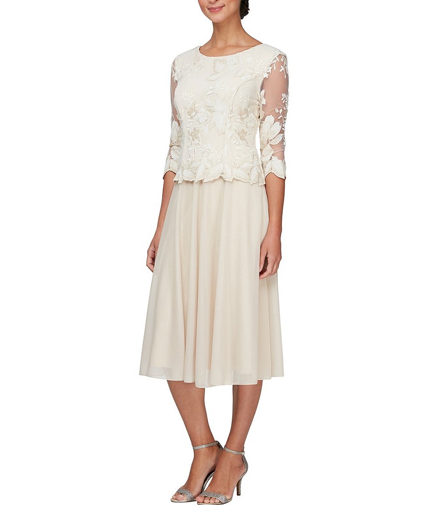 Alex Evenings Short Sleeve Floral Embroidered Stretch Mesh Dress