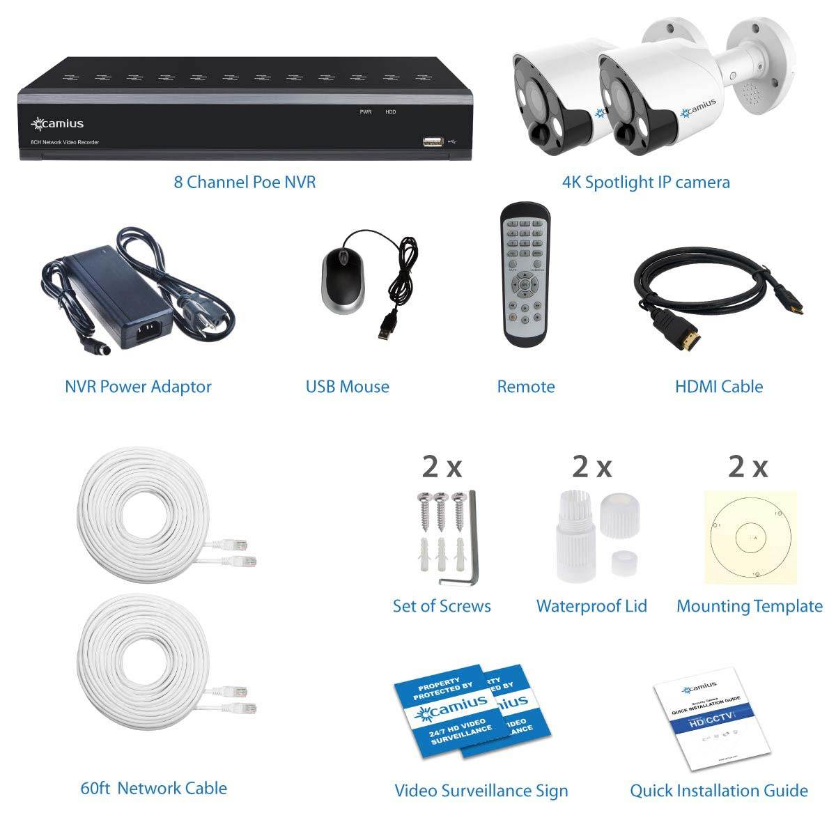 Camius 8 Channel NVR security system w/ 3TB HDD, Two 8MP Wired PoE Spotlight Security Camera Bullets - 3840x2160, color night vision, 2-way audio, siren, PIR, Intelligent detection 8P2S83T