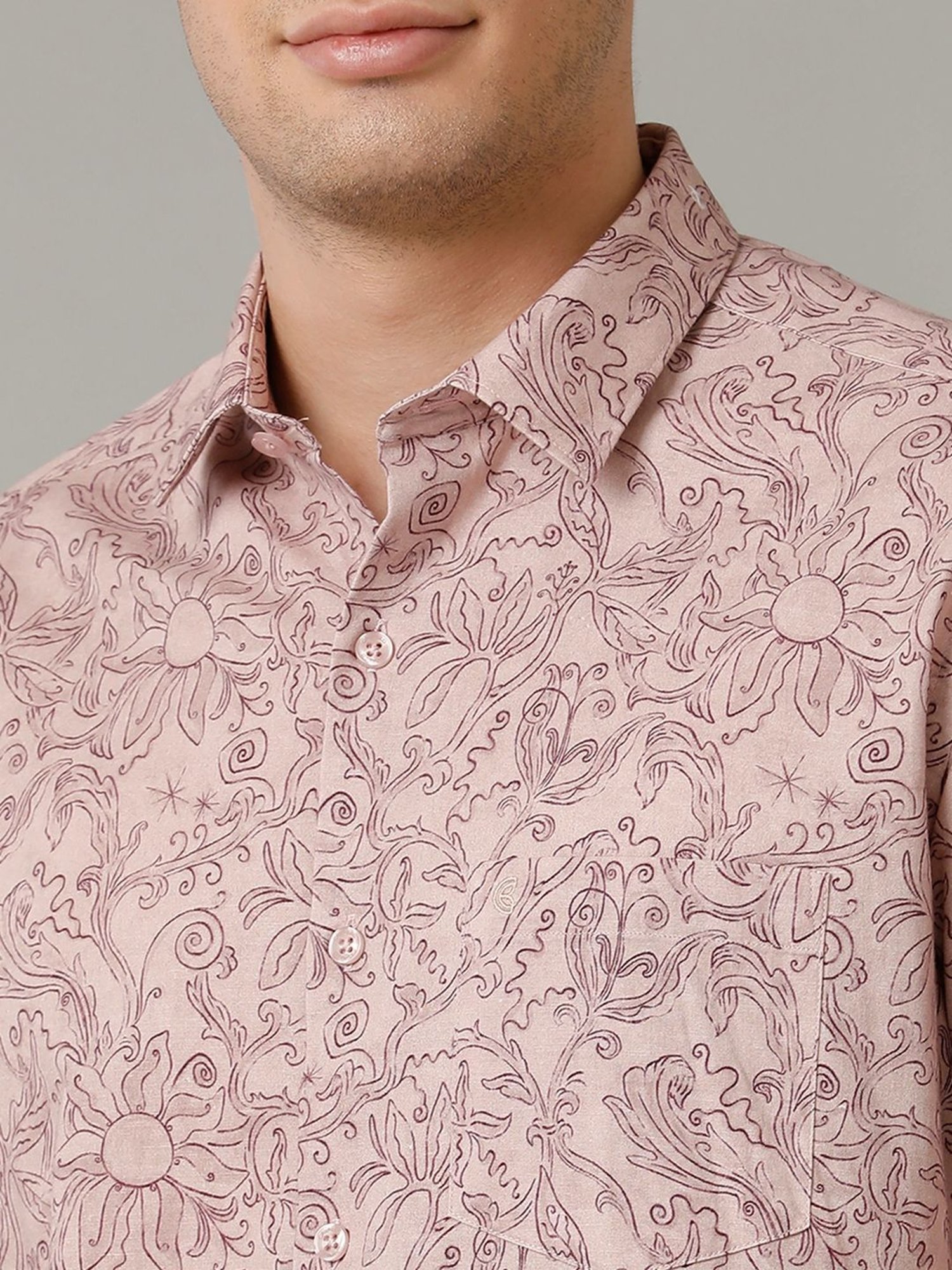 Cavallo By Linen Club Peach Linen Contemporary Fit Printed Shirt