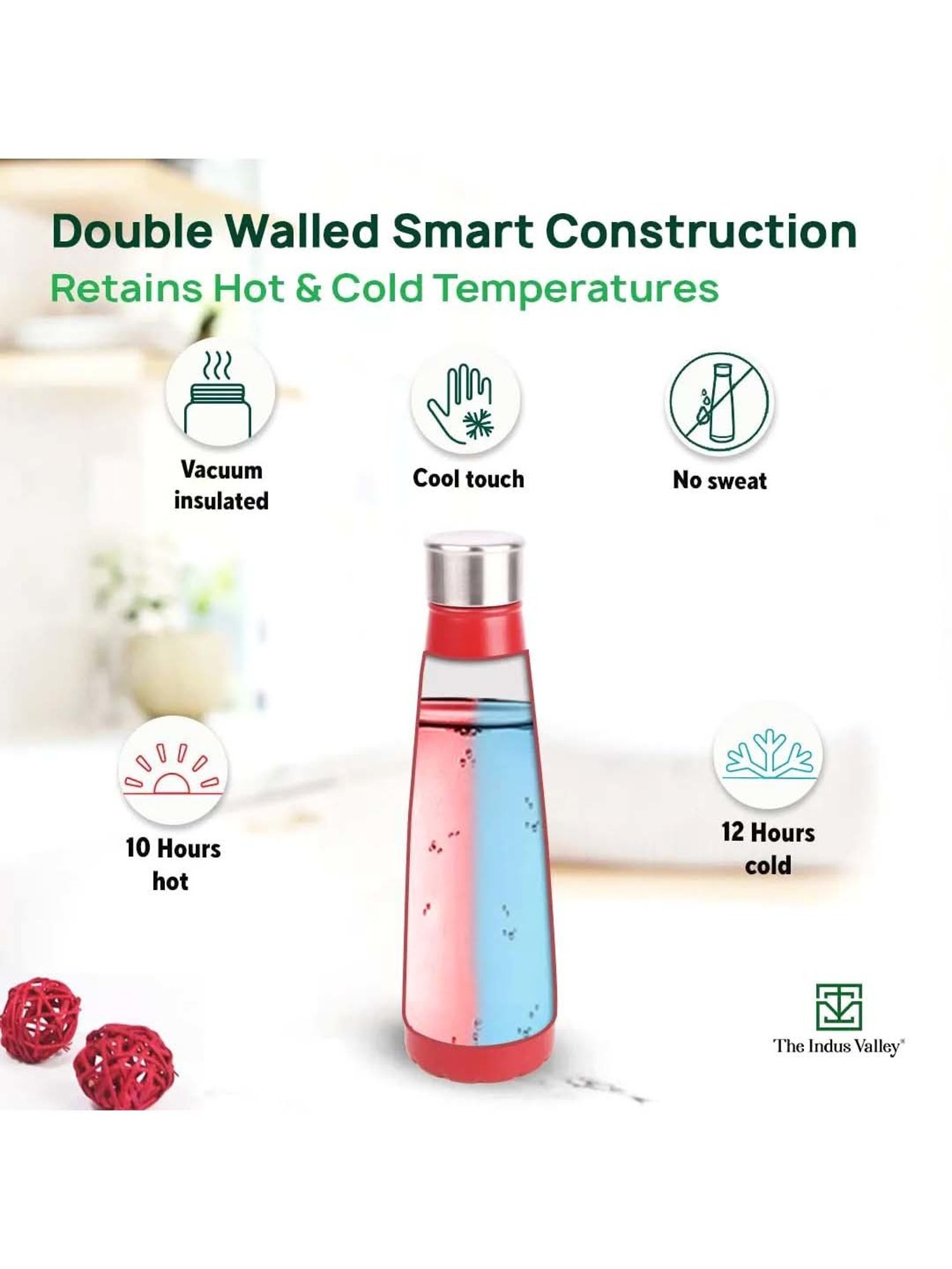 The Indus Valley Red Stainless Steel Pro-Hydro Vacuum Insulated Narrow Mouth Bottle (0.5 L)