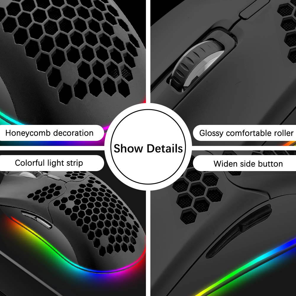 Lightweight Wired Gaming Mouse with 7 Button 26RGB Backlit Programmable Driver PAW3325 12000 DPI Optical Sensor Ultralight Ergonomic 65G Honeycomb Shell Ultraweave Cable for PC Xbox PS4 Gamer