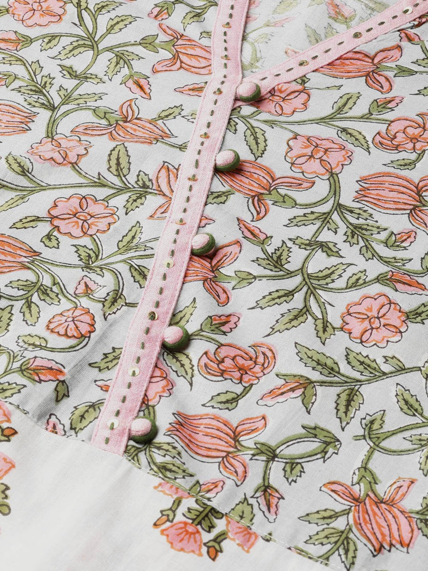 Jaipur Kurti Off-White & Green Cotton Printed Kurta Pant Set