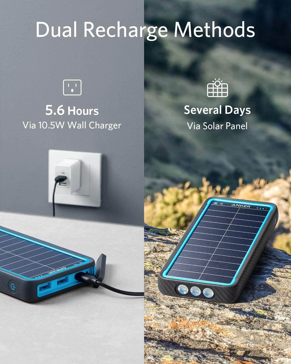 Anker Solar Power Bank, PowerCore Solar 10000 Dual-Port Solar Charger with Flashlight, IP64 Splashproof, Dustproof for Outdoor Activities, Compatible with Smartphones