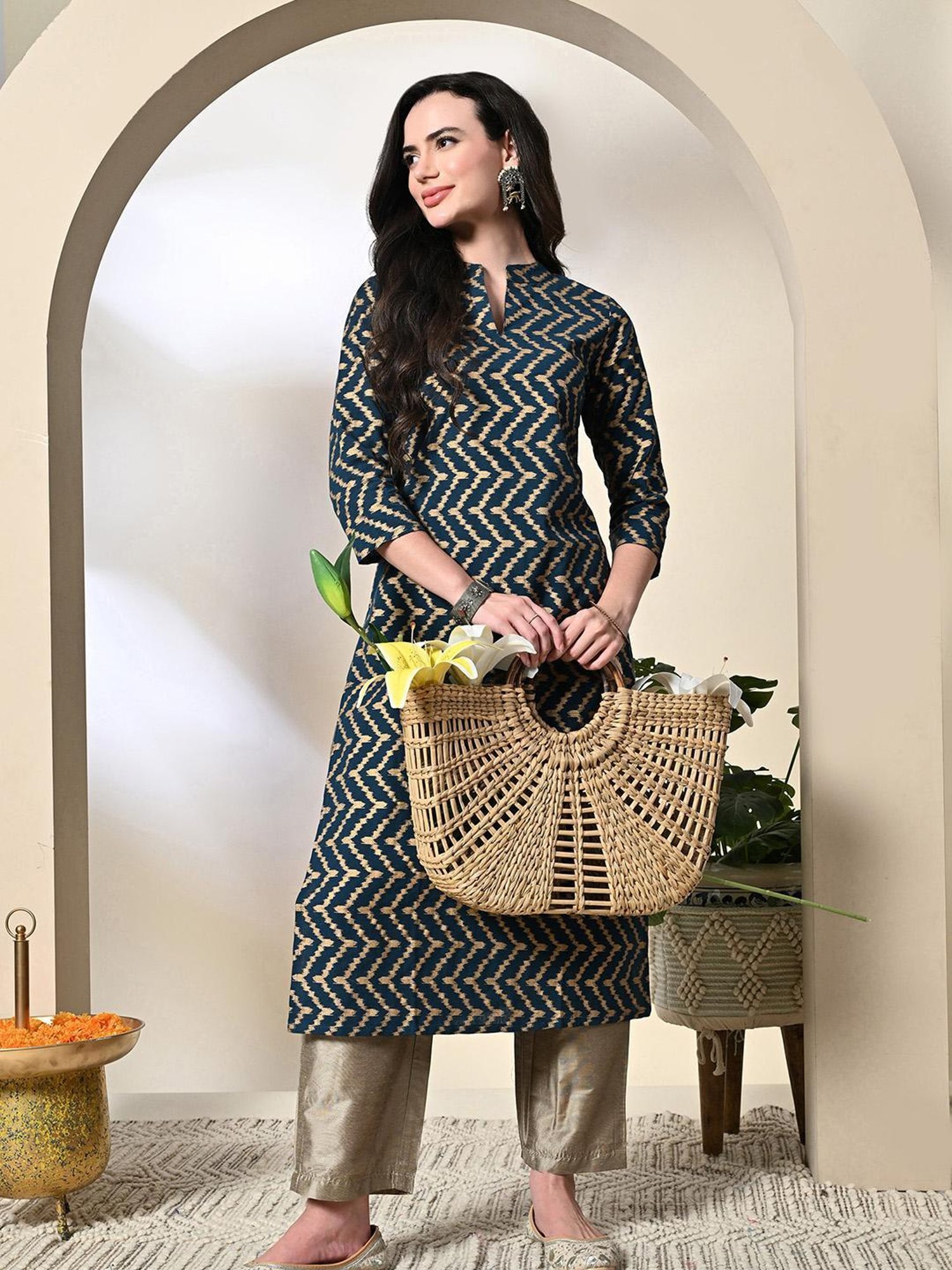 DECKEDUP Teal Printed Kurta With Pants