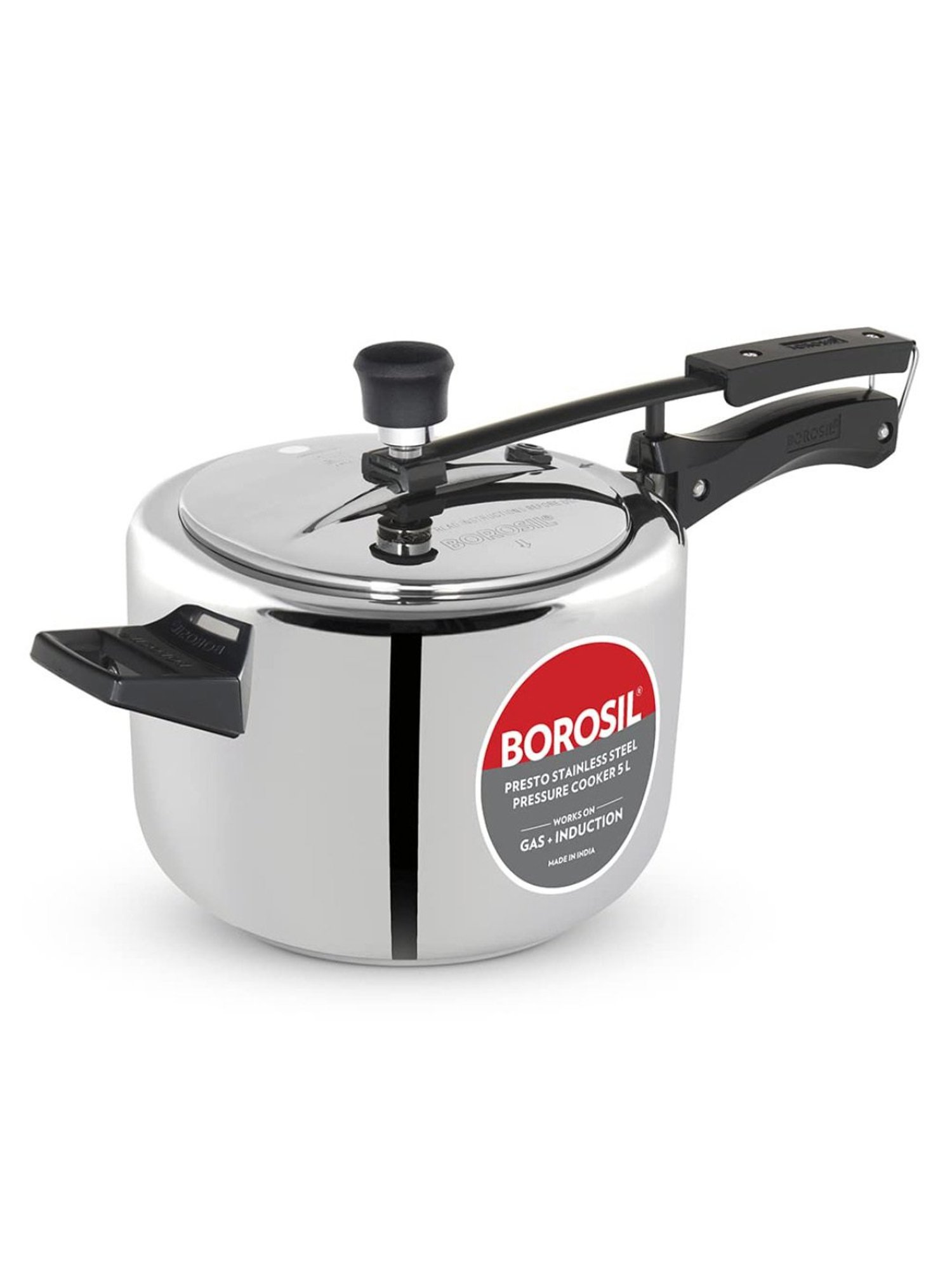 Borosil Presto Pressure Cooker with Induction Base Stainless Steel Inner Lid (Silver,5L)
