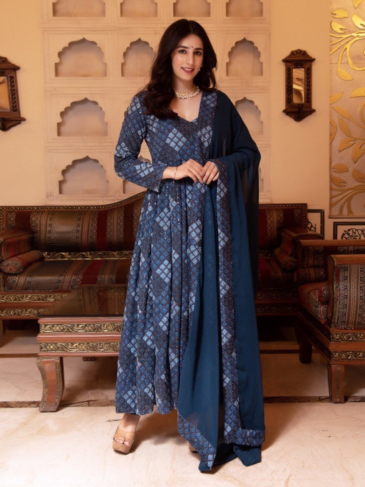 Calmna Teal Blue Embroided Anarkali Suit Set