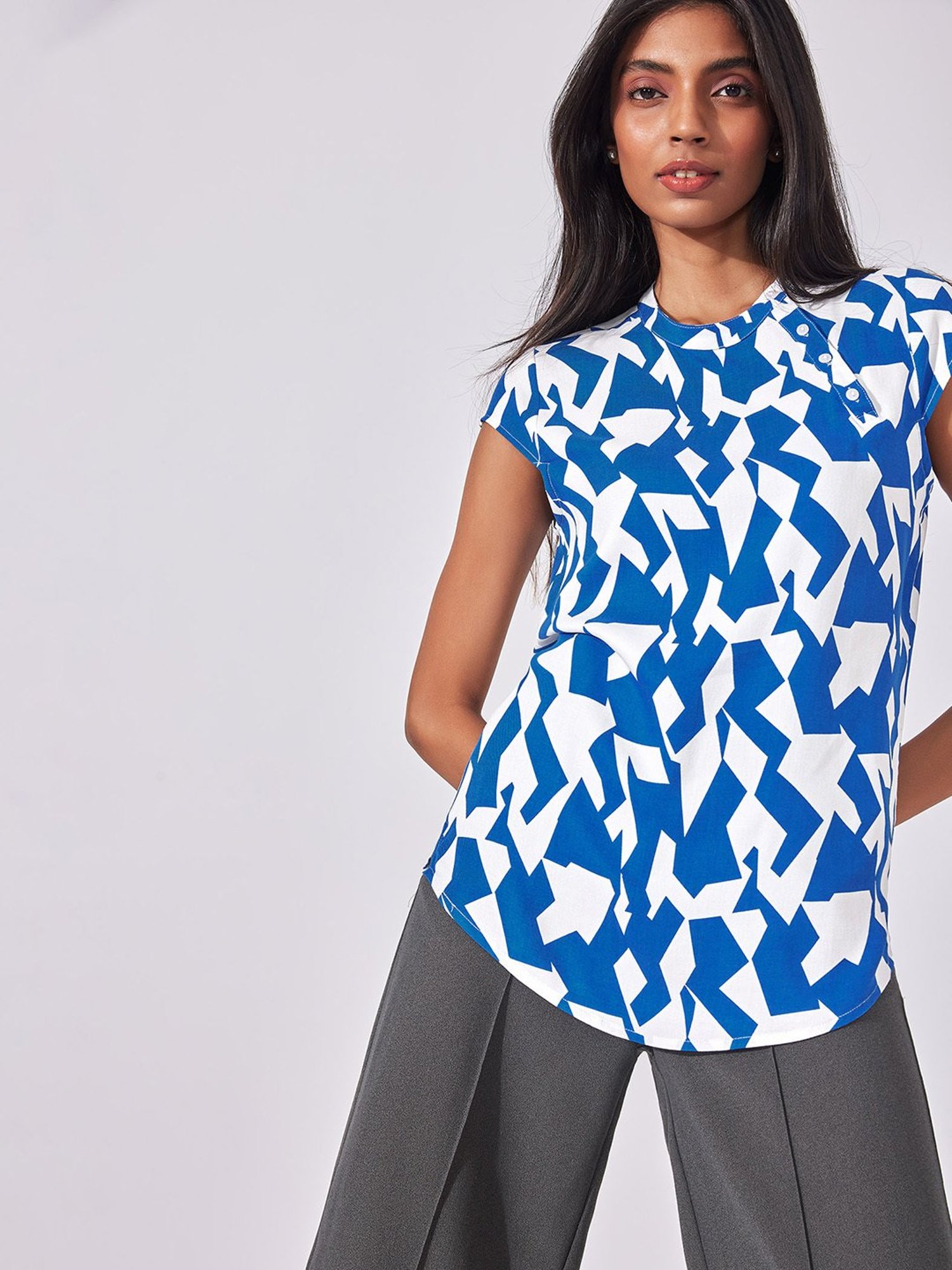 The Label Life White & Blue Printed Top