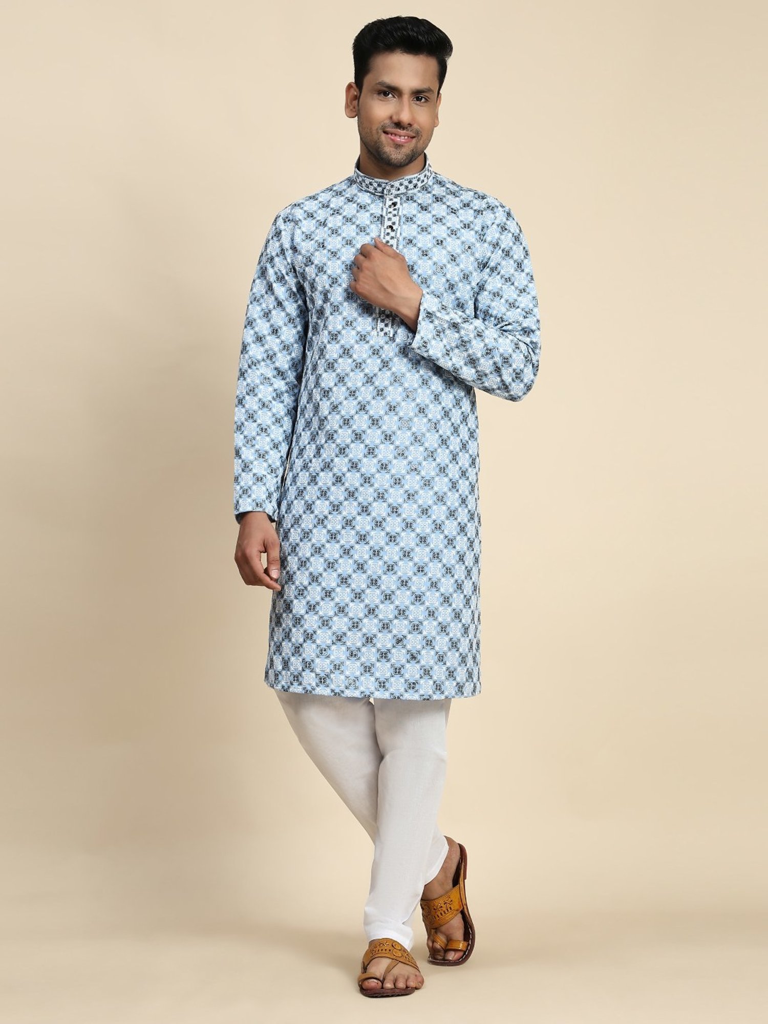 Pro-Ethic Style Developer Sky Blue & White Cotton Regular Fit Embellished Kurta Bottom Set