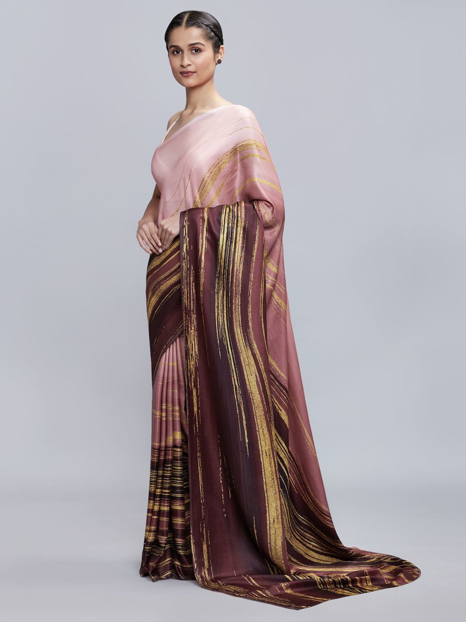 navyasa by liva Pink & Brown Printed Saree With Unstitched Blouse