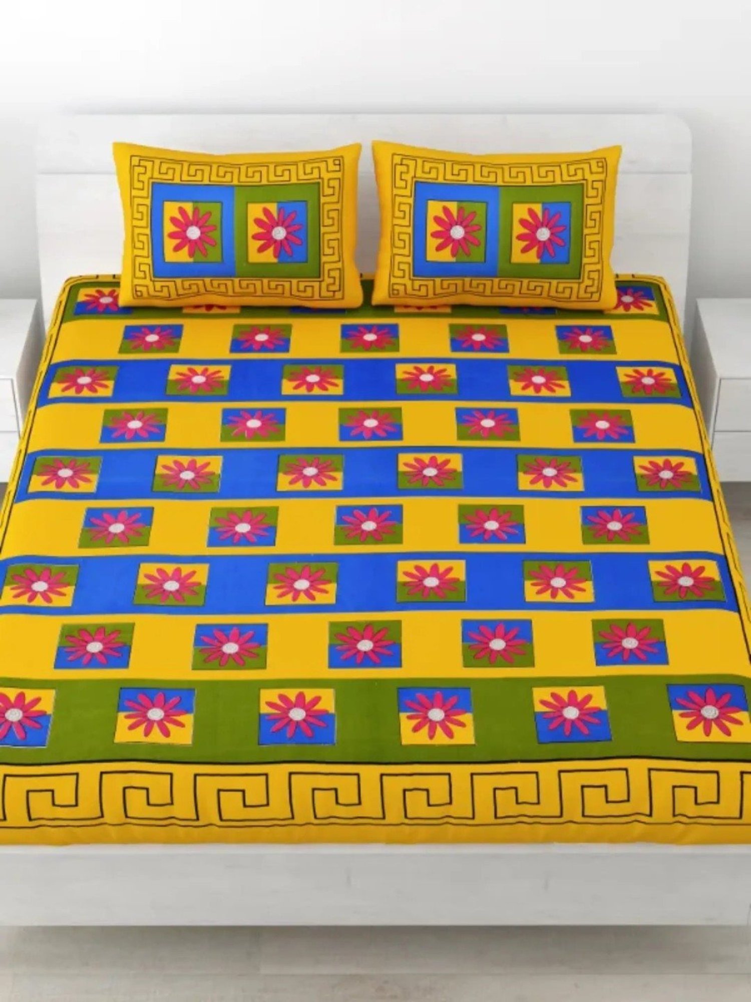 Living Roots Printed Yellow 240 TC Cotton Bedsheet with 2 Pillow Covers