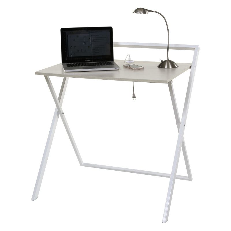 OneSpace Basics No Assembly Folding Desk With Dual Usb Charger Whitewashed Oak/White