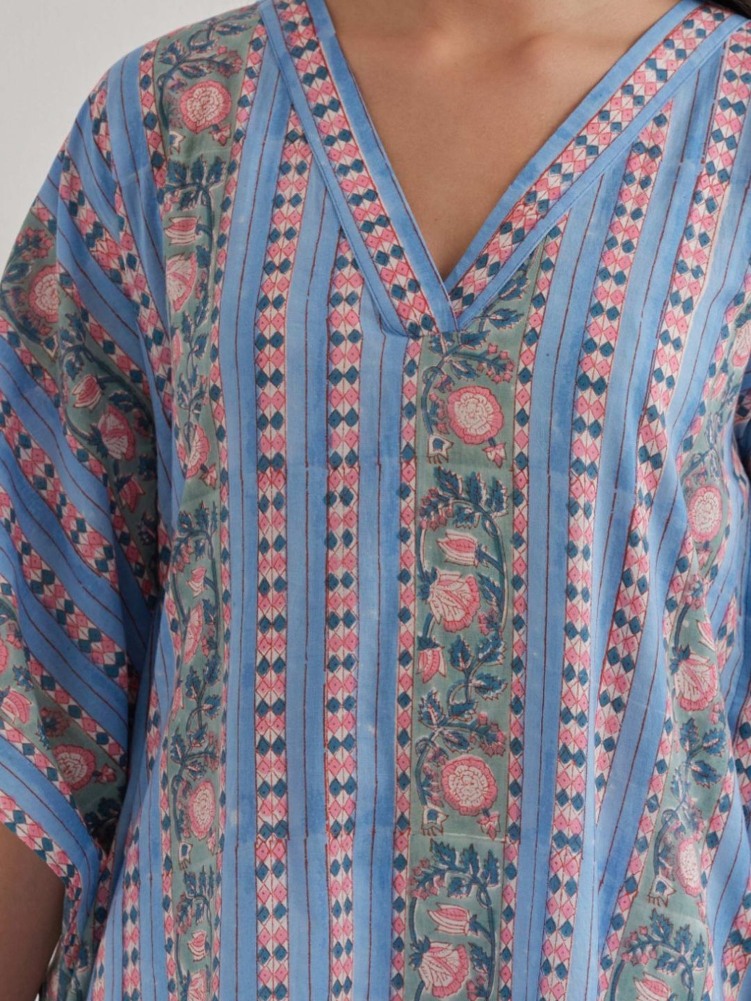 Priya Chaudhary Blue Varsha Cotton Printed Kaftan with Pants