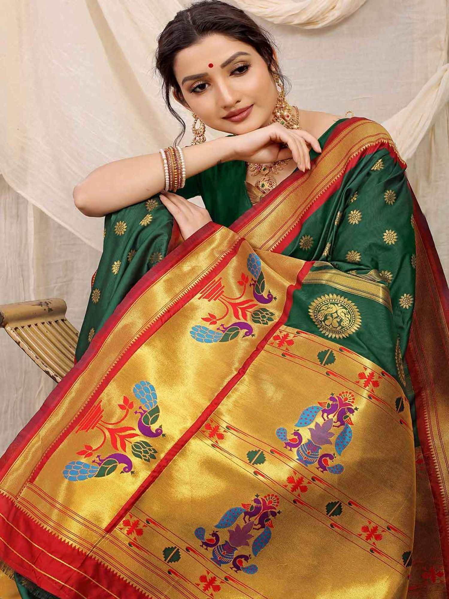 SHUBHKALA Green Silk Woven Saree With Unstitched Blouse