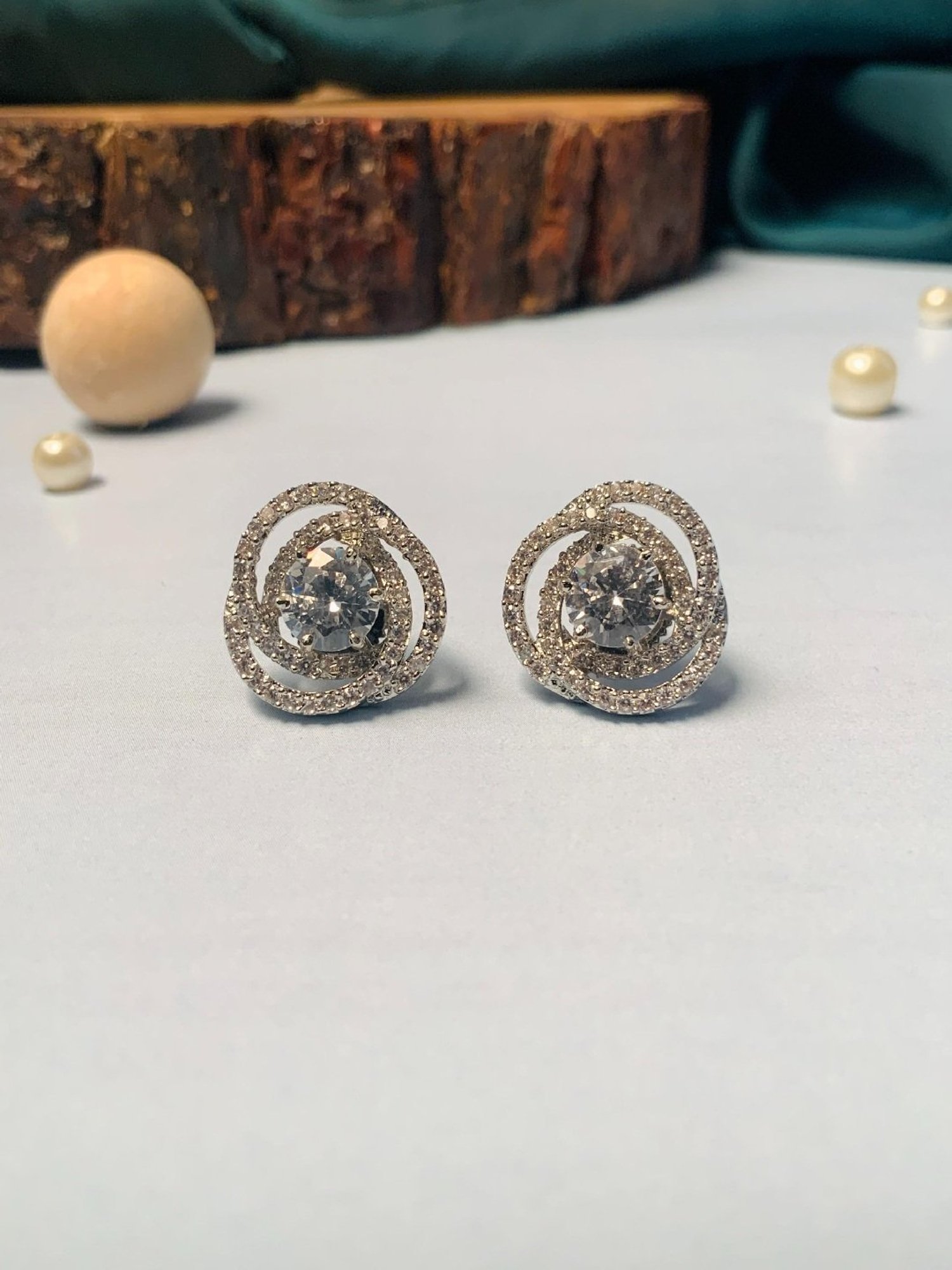 Abdesigns Shiney Silver Plated American Diamond Stud Earrings