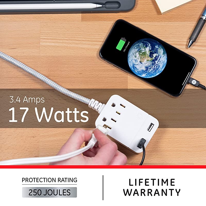2 Outlet 2 USB Sur Protector, 12W/2.4A Total USB, 10 ft Braided Extension Cord, Flat Plug, for iPhone 11/Pro/Max/XS/XR/X/8, iPad Pro, Samsung Galaxy, Google Pixel, 250 Joules, White/Gray, 38432