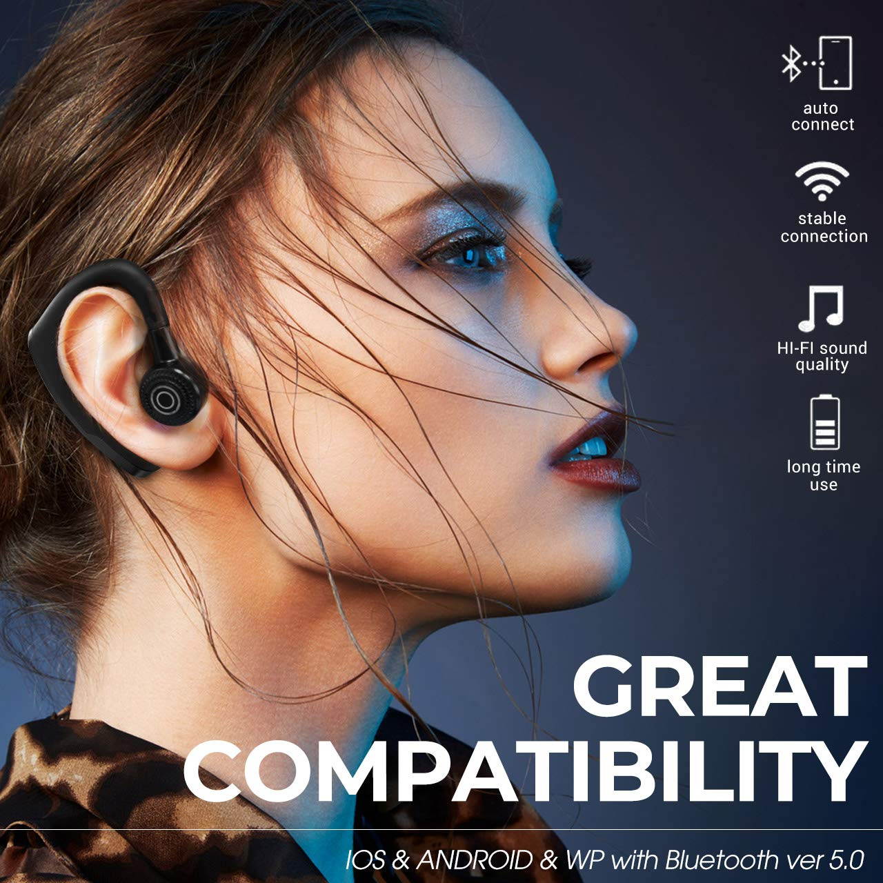 ESTONE Ear Hook Bluetooth Wireless Headphones  with Mic Cell Phone Noise Cancelling Bluetooth Earpiece 6-Hr Playing Time with Noise Cancelling Ear Hooks for Business/Office/Driving Call(Black)