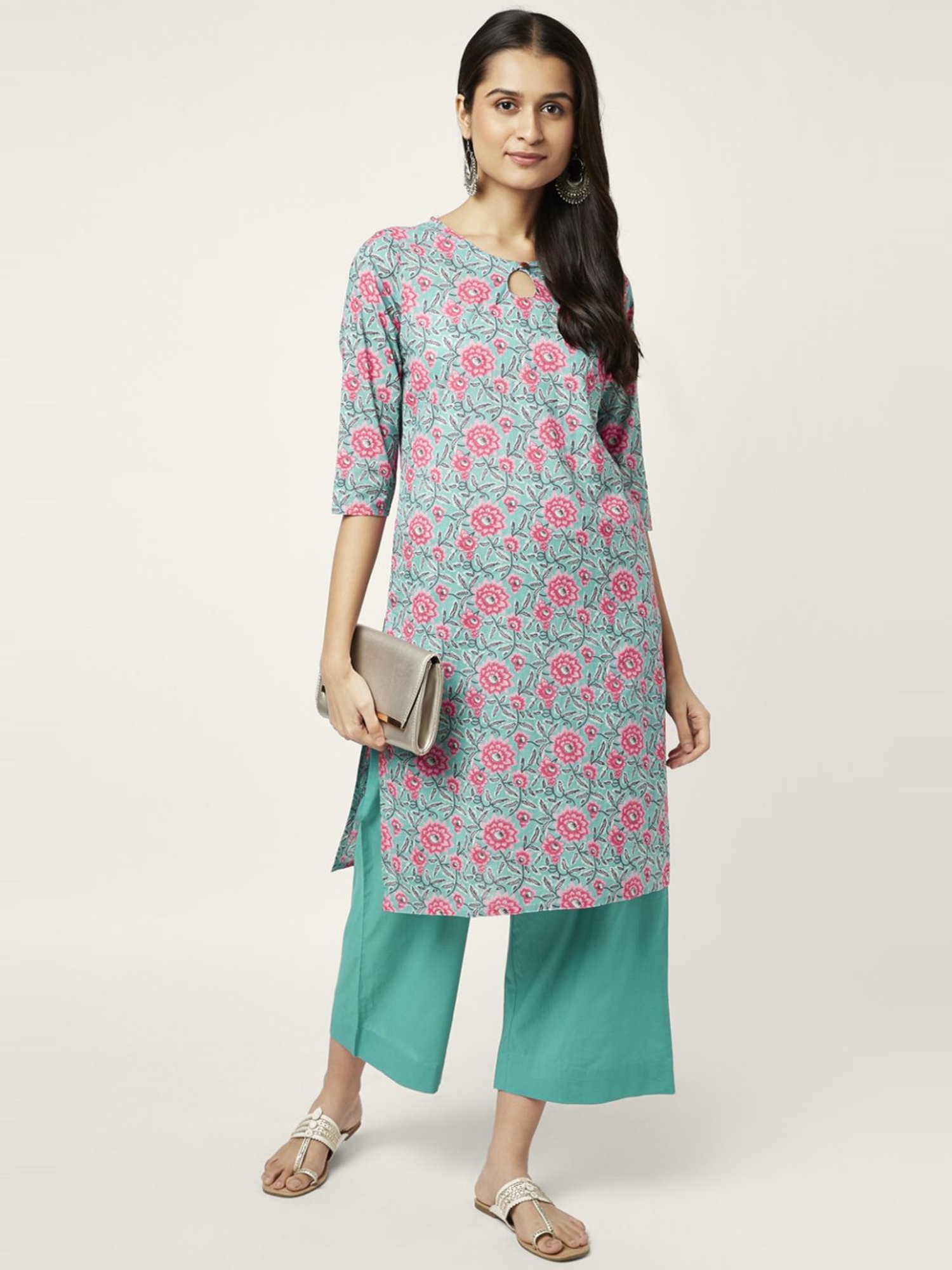 Rangmanch by Pantaloons Turquoise Cotton Floral Print Kurta Palazzo Set