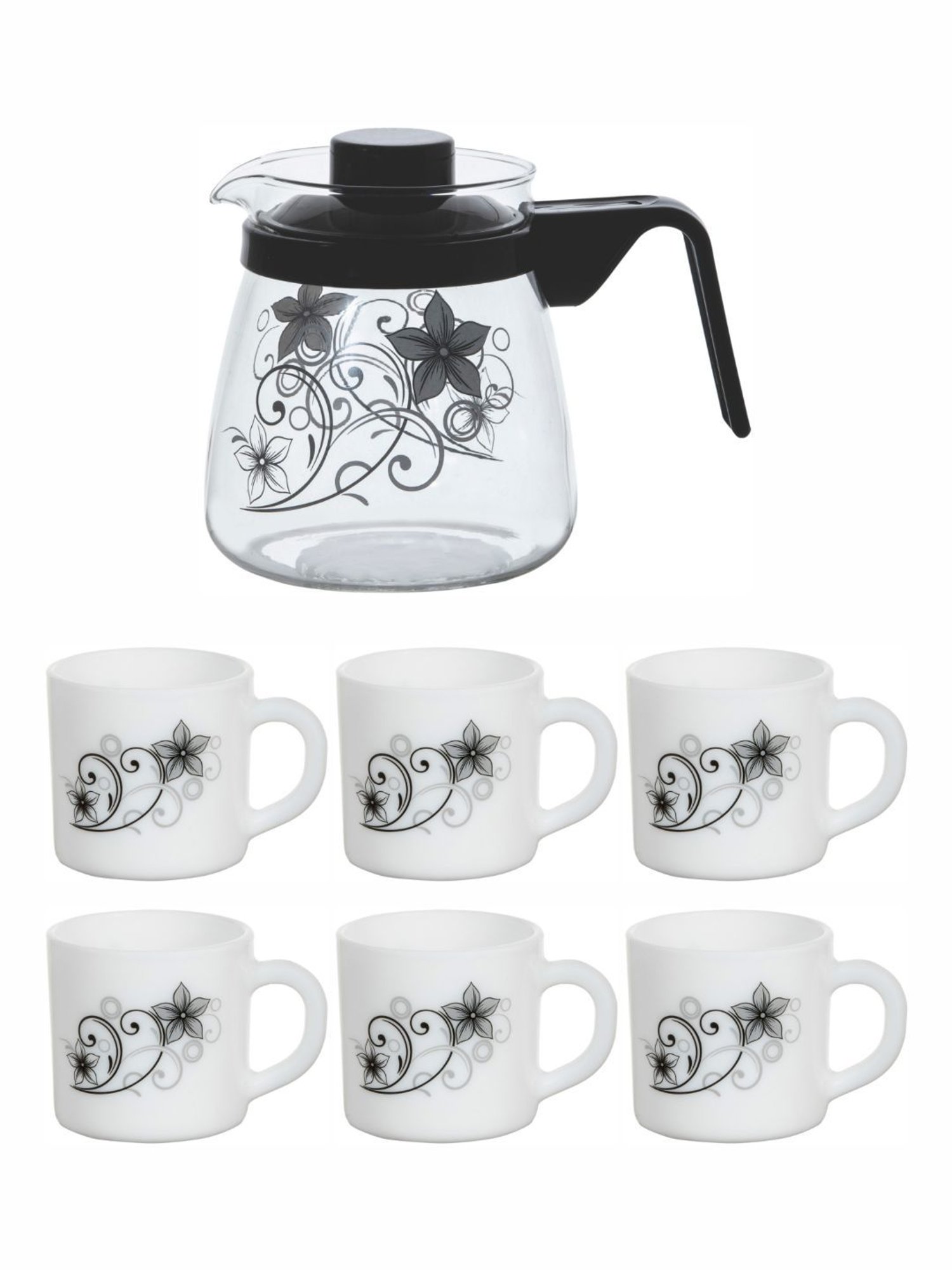 Cello Floral Multicolor Opalware Tea Set - Set of 6 Cups (180ml) & 1 Tea Pot (750ml)