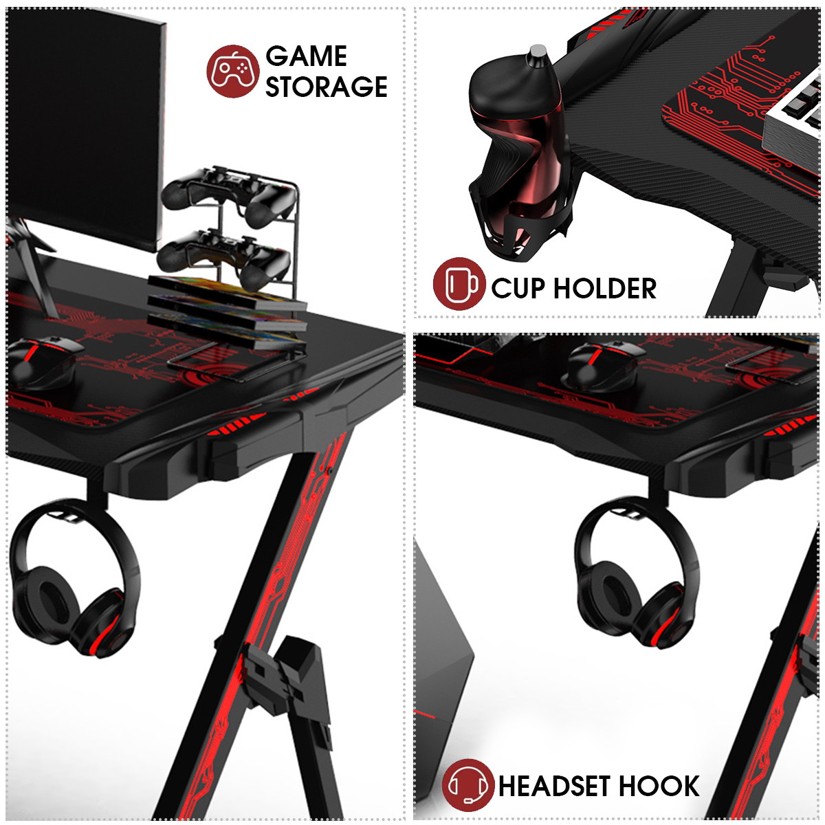 43.3" Metal Gaming Computer Desk RGB LED Lights W/ Cup Holder Headphone Hook Mouse Mat