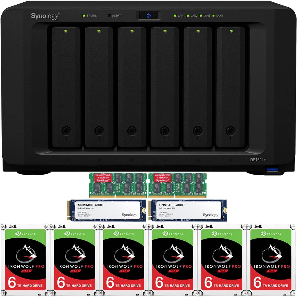 Synology DS1621+ DiskStation with 32GB RAM and 72TB (6 x 12TB) of Seagate Ironwolf PRO NAS Drives and 800GB (2x400GB) NVME Cache Fully Assembled and Tested By CustomTechSales
