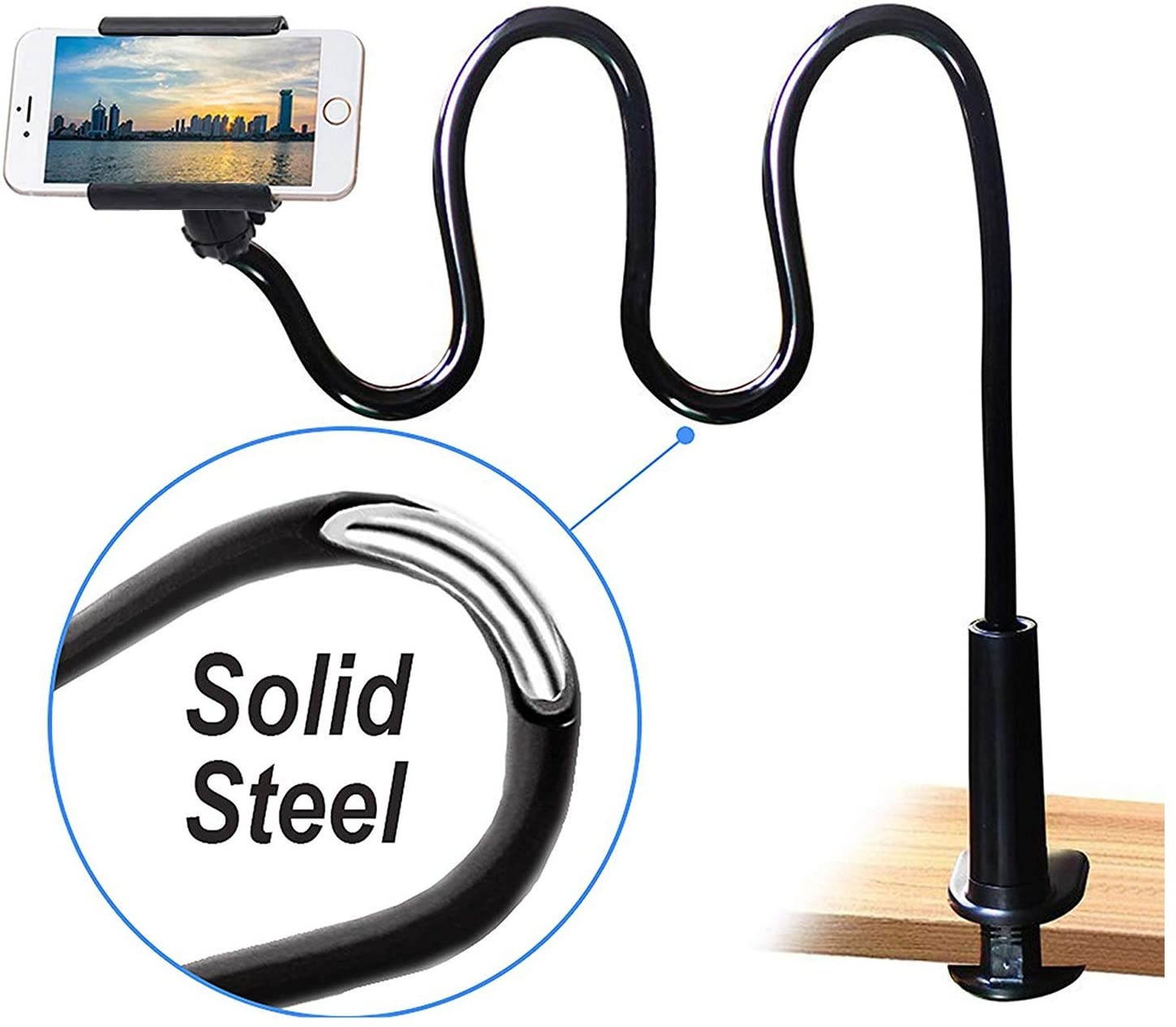 Cell Phone Clip on Stand Holder - with Grip Flexible Long Arm Gooseneck Bracket Mount Clamp for iPhone X/8/7/6/6s/5 Samsung S8/S7,desktop, Black