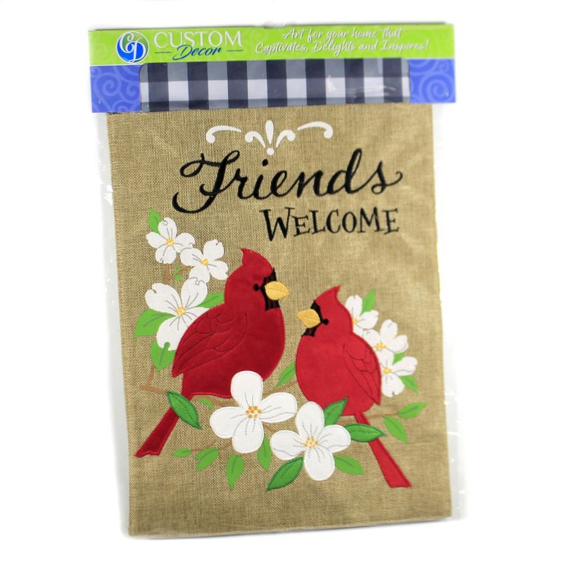 Home & Garden 18.0" Burlap Cardinal Friends Flag Applique Embroidered Custom Decor  -  Flags