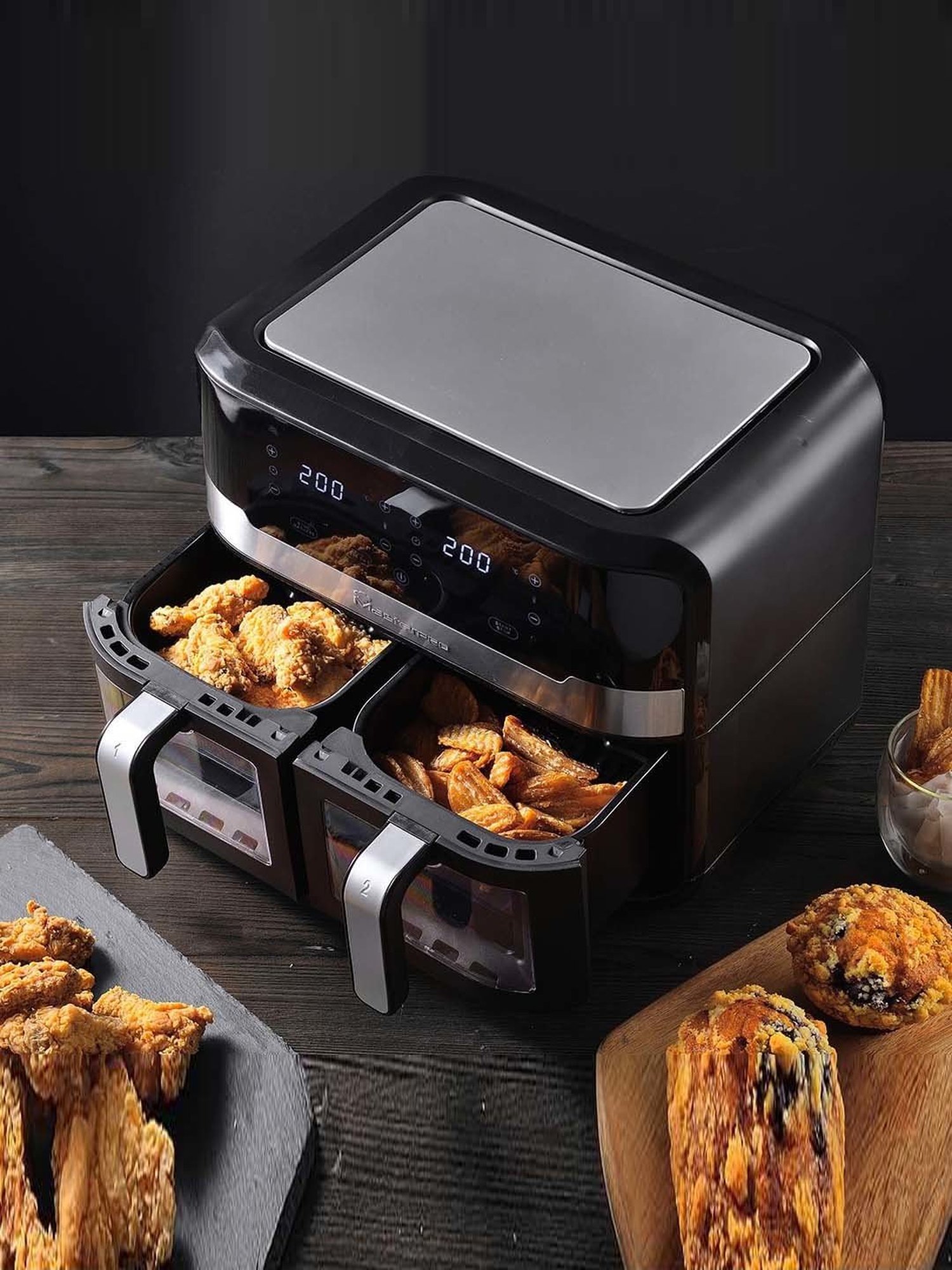 Bergner MasterPro Black Stainless Steel 2400W Air Fryer With Dual Transparent Non Stick Buckets