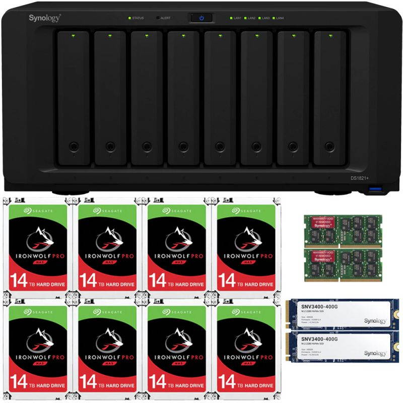 Synology DS1821+ DiskStation with 32GB RAM and 96TB (8 x 12TB) of Seagate Ironwolf PRO NAS Drives and 800GB (2x400GB) NVME Cache Fully Assembled and Tested By CustomTechSales