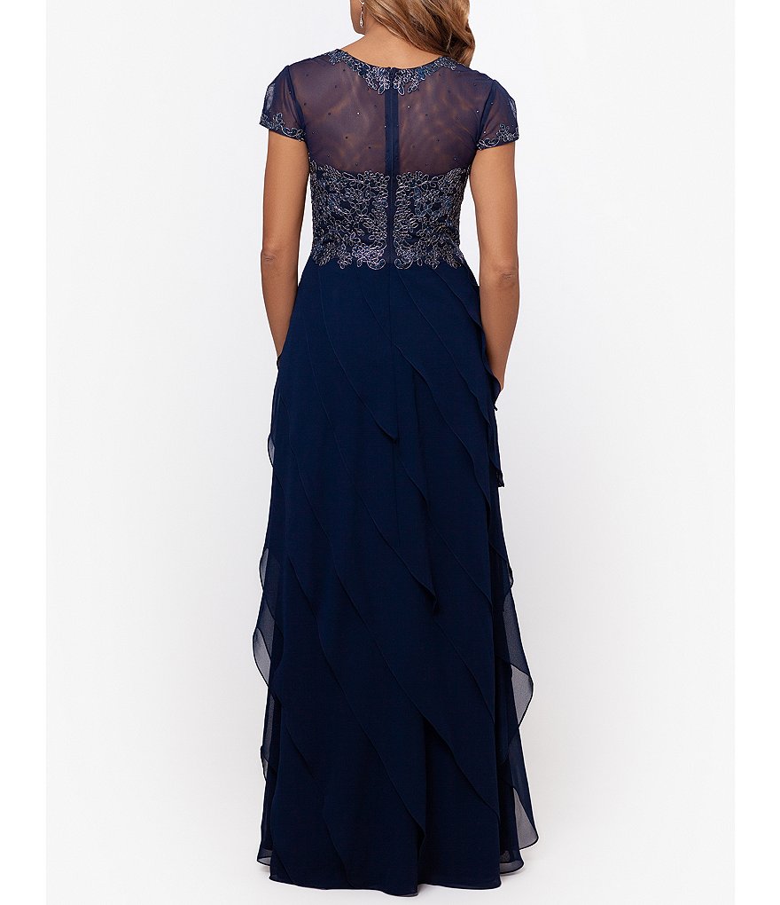 Xscape Embroidered Bodice Cap Sleeve Sweetheart Neck Tiered Gown