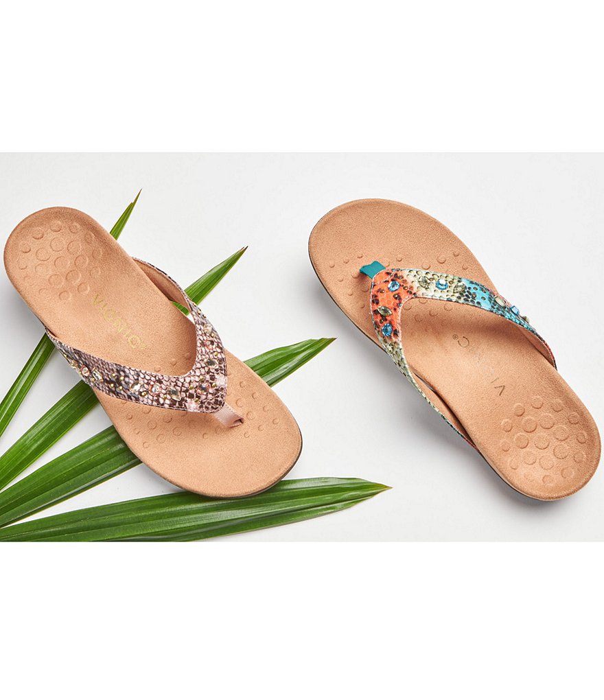Vionic Lucia Snake Print Rhinestone Embellished Thong Sandals